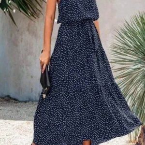 Boho Halter Maxi Dress Navy with White polka dot (S)